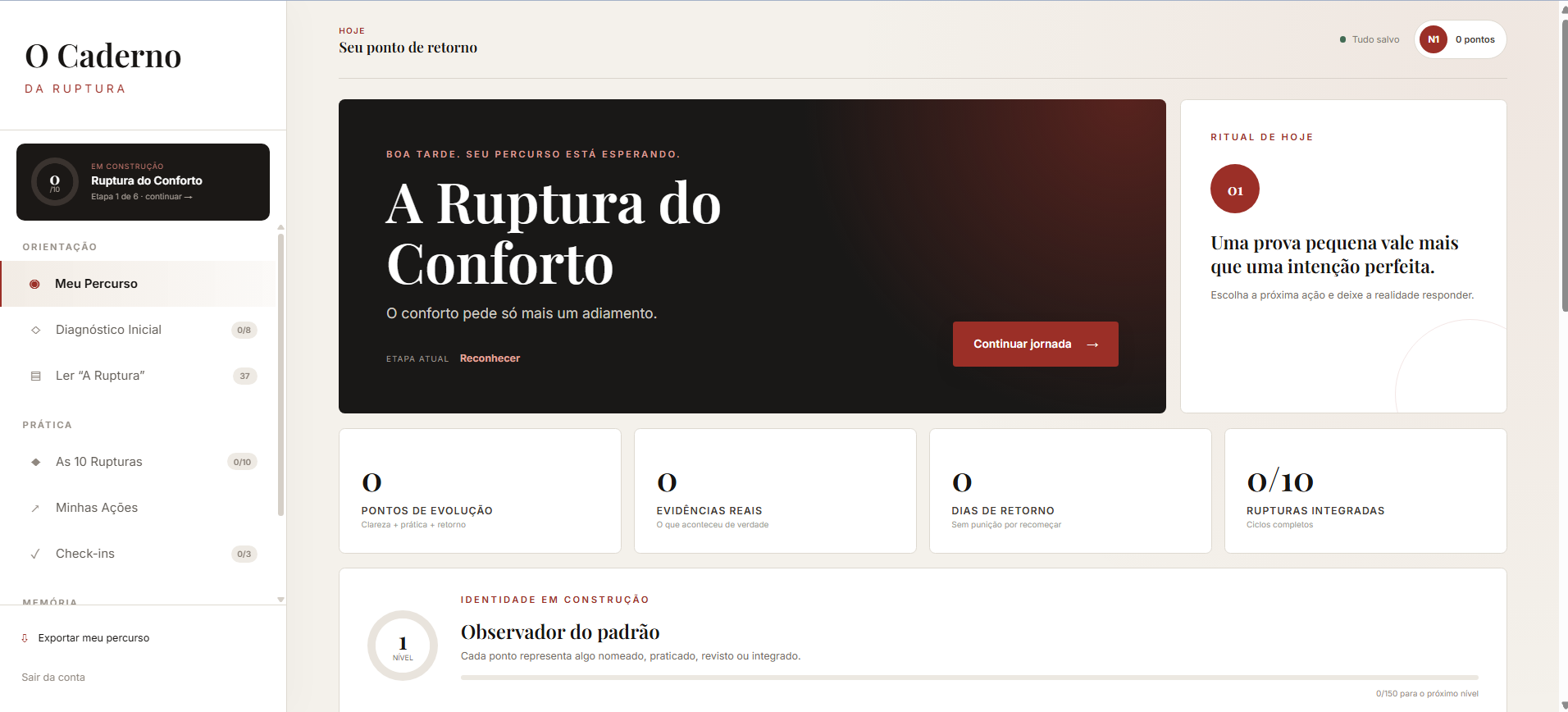 Tela inicial do Caderno da Ruptura no computador