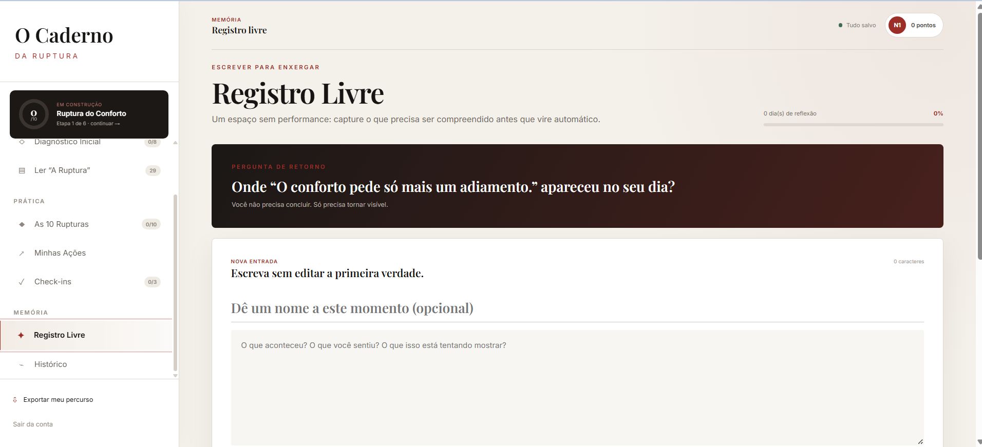 Tela de Registro Livre do Caderno da Ruptura no computador